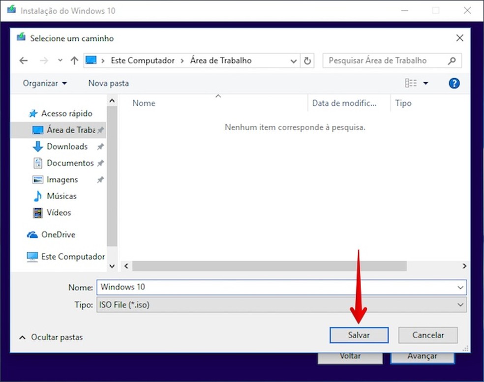 Selecione a pasta do Windows 10 em que o arquivo será salvo 