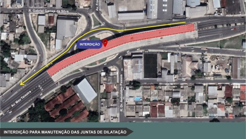 Motoristas que trafegam na Avenida Max Teixeira terão a opção de seguir pela pista lateral do viaduto devido a interdição. — Foto: Divulgação/Prefeitura de Manaus