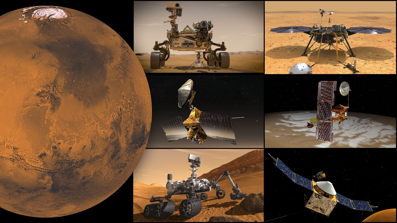 Missões da NASA em Marte, no sentido horário a partir do canto superior esquerdo: robô Perseverance e helicóptero Ingenuity, sonda InSight, orbitador Odyssey, orbitador MAVEN, robô Curiosity e orbitador Mars Reconnaissance Orbiter (Foto: NASA/JPL-Caltech)