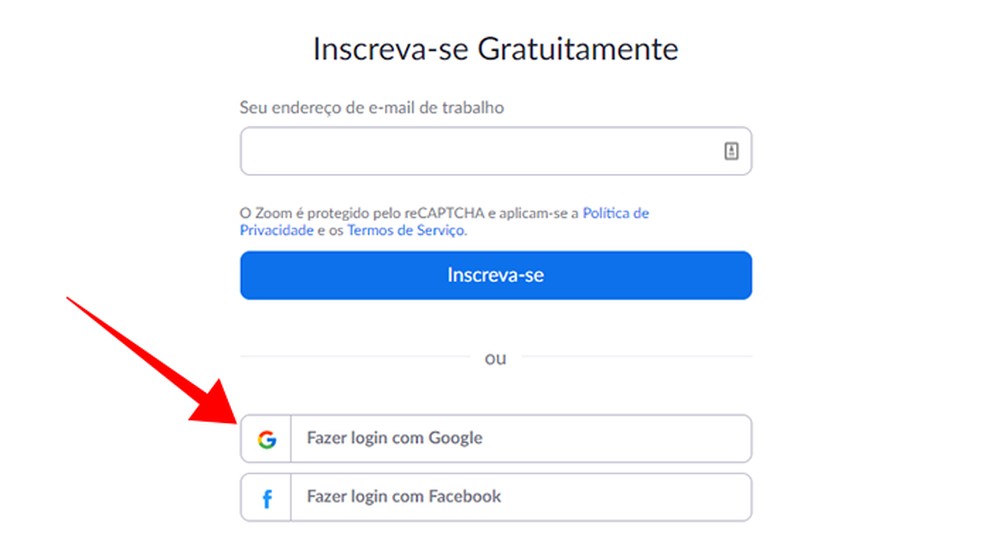 Crie uma conta gratuita no Zoom usando e-mail ou suas credencias do Google e Facebook — Foto: Reprodução/Paulo Alves