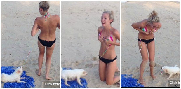 A cantora Kendra Moriah tentando evitar que seu cãozinho tire a parte de cima de seu biquíni: mais de 2 milhões de visualizações (Foto: Reprodução / Youtube)