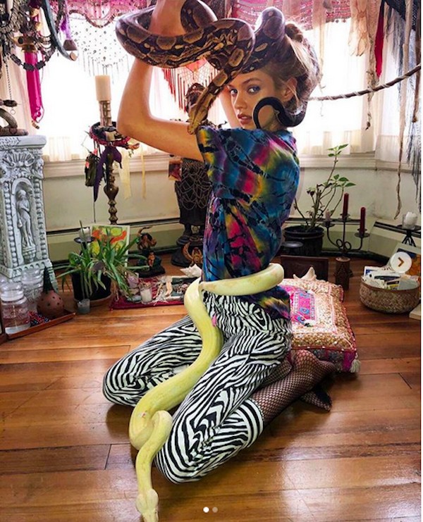 A modelo Stella Maxwell cercada por cobras (Foto: Instagram)