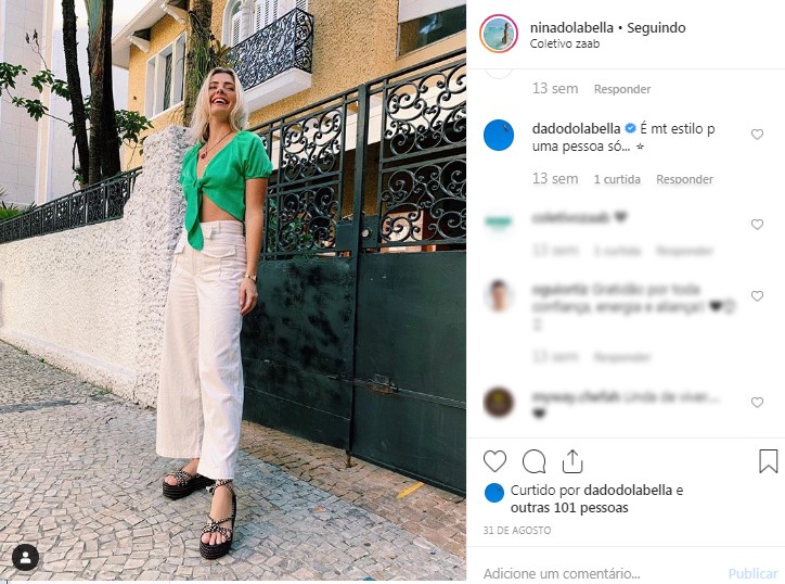 Dado Dolabella comenta as fotos da prima, Nina Dolabella, no Instagram (Foto: Reprodução/Instagram)