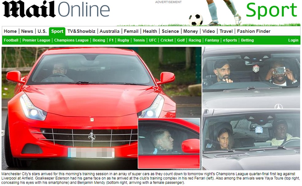 Chegada de Ederson de Ferrari ao treino do City virou manchete na página de esportes do Daily Mail (Foto: Reprodução / Daily Mail)