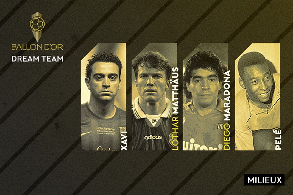 Xavi, Matthäus, Maradona e Pelé formam o meio-campo do Dream Team Bola de Ouro da revista France Football — Foto: Reprodução de Twitter
