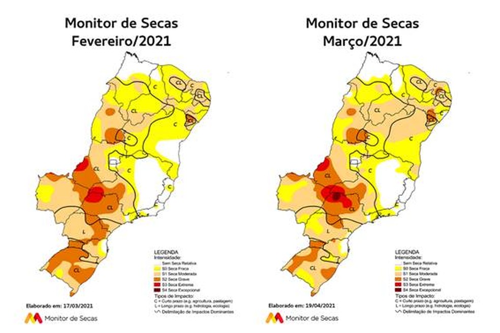 Ceará tem aumento de 36% da área de seca moderada  em direção ao litoral leste no mês de março. — Foto: Monitor de Secas
