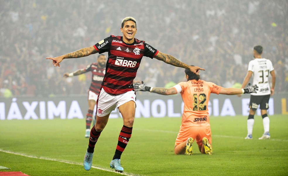 Pedro comemora gol marcado pelo Flamengo em cima do Corinthians na final da Copa do Brasil — Foto: André Durão/ge