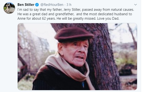 Ben Stiller anuncia a morte do pai, Jerry Stiller (Foto: Reprodução/Twitter)
