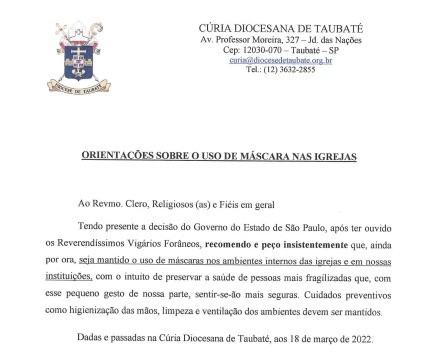 Diocese de Taubaté mantém recomendação para uso de máscara nas missas