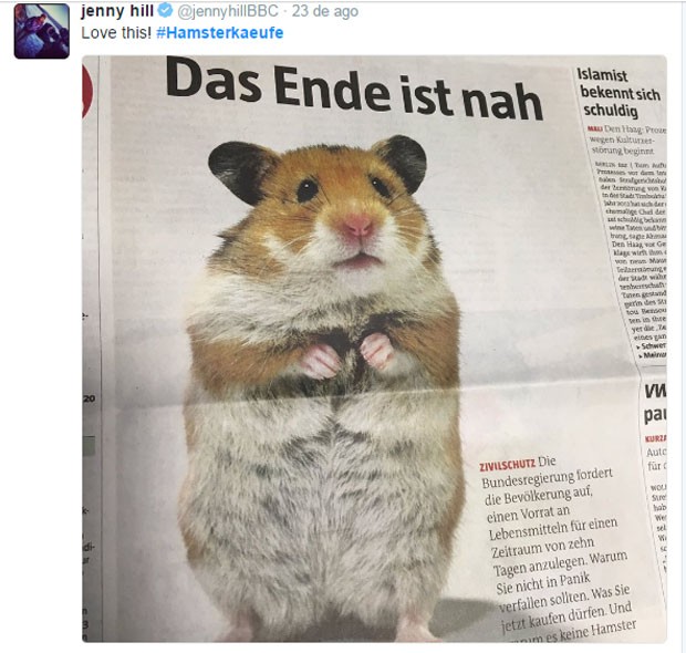 Anúncio com hamster fazendo alusão ao plano de defesa civil do governo alemão contra ameaças terroristas. 