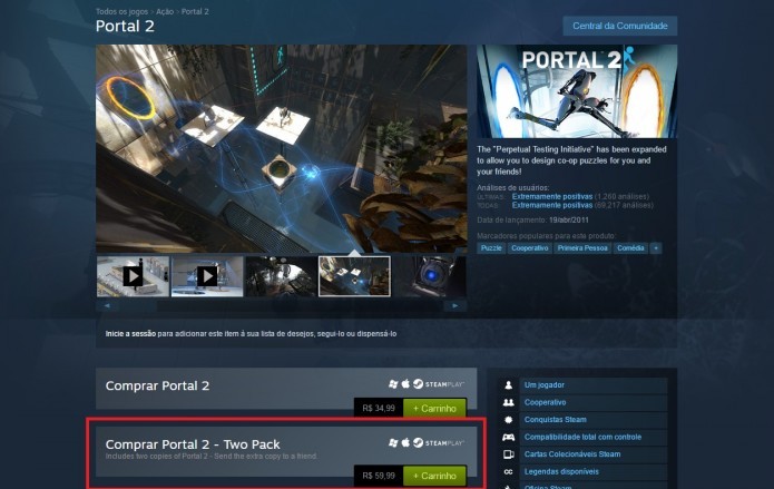 Steam: perceba na imagem o preço individual de Portal 2 e o preço oferecido por duas licenças (Foto: Reprodução/Paulo Vasconcellos)