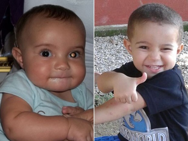 Foto da esquerda revelou mancha no olho que levou a diagnóstico de câncer no olho quando Arthur tinha 5 meses; hoje, com 2 anos, o garoto está em fase de controle da doença (Foto: Michele de Farias Brito/Arquivo Pessoal)