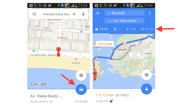 Verificando as distâncias entre os meios de transporte em uma rota no Google Maps para Android (Foto: Reprodução/Marvin Costa)