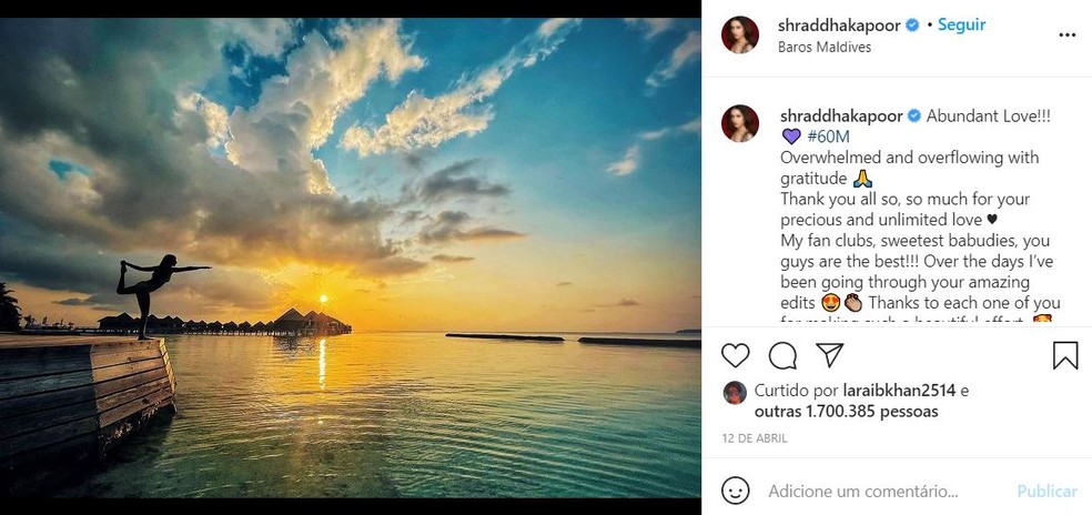 Shraddha Kapoor mostra por do sol nas Maldivas após 'fugir' da Covid-19 — Foto: Reprodução/Instagram