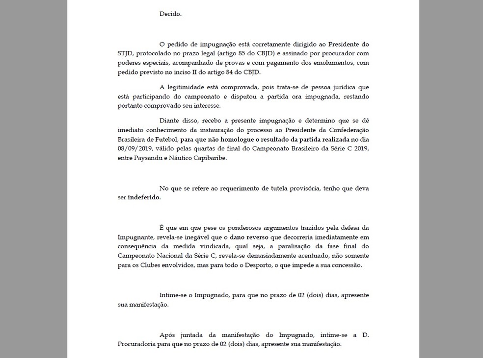 Trecho do despacho emitido pelo presidente do STJD nesta sexta-feira — Foto: Reprodução/STJD