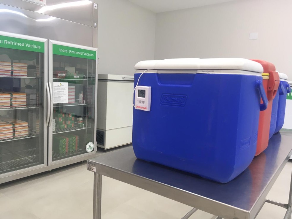 Caixas com temperatura controlada para distribuição das vacinas em Bauru — Foto: Vanessa Aguiar/TV TEM