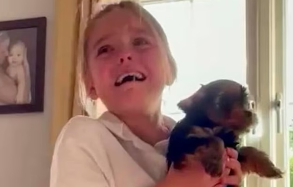 Menina emociona ao ganhar cãozinho da mãe (Foto: Reprodução/Daily Mail)