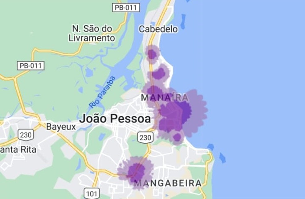 Mapa de locais em João Pessoa onde o sinal 5G da Vivo funciona em João Pessoa — Foto: Reprodução/Vivo