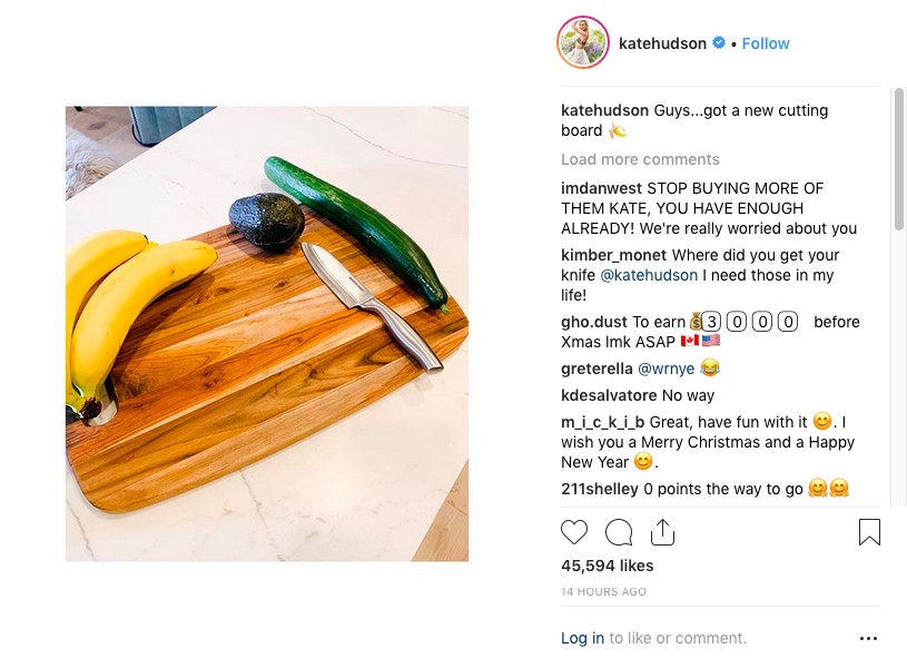 O post feito por Kate Hudson revelando ter ganhado mais uma tábua de corte de carne (Foto: Instagram)