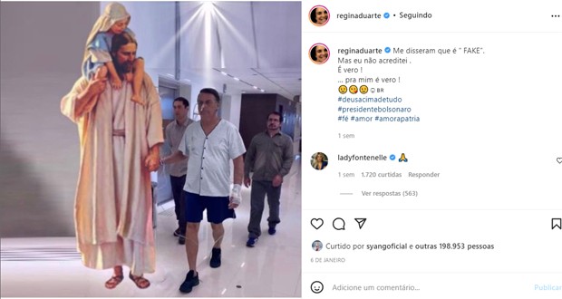 Regina Duarte posta montagem de Jais Bolsonaro de mãos dadas com Jesus Cristo (Foto: Reprodução/Instagram)
