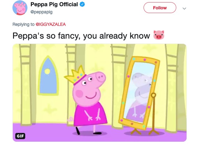 A resposta do perfil de Peppa Pig no Twitter para a brincadeira de Iggy Azalea (Foto: Twitter)