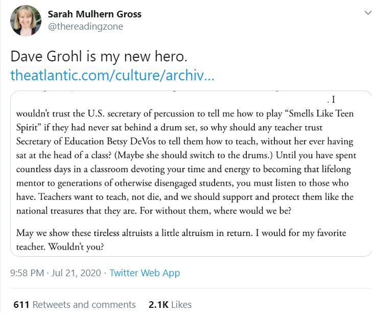 Dave Grohl foi elogiado nas redes por se discurso em defesa dos professores que estão trabalhando durante a pandemia (Foto: Reprodução / Twitter)