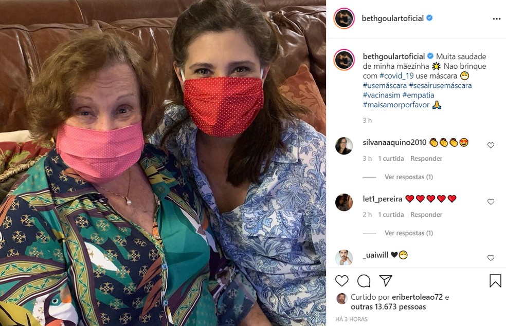 Beth Goulart fez post pedindo que as pessoas continuem usando máscara — Foto: Reprodução/Instagram/BethGoulart
