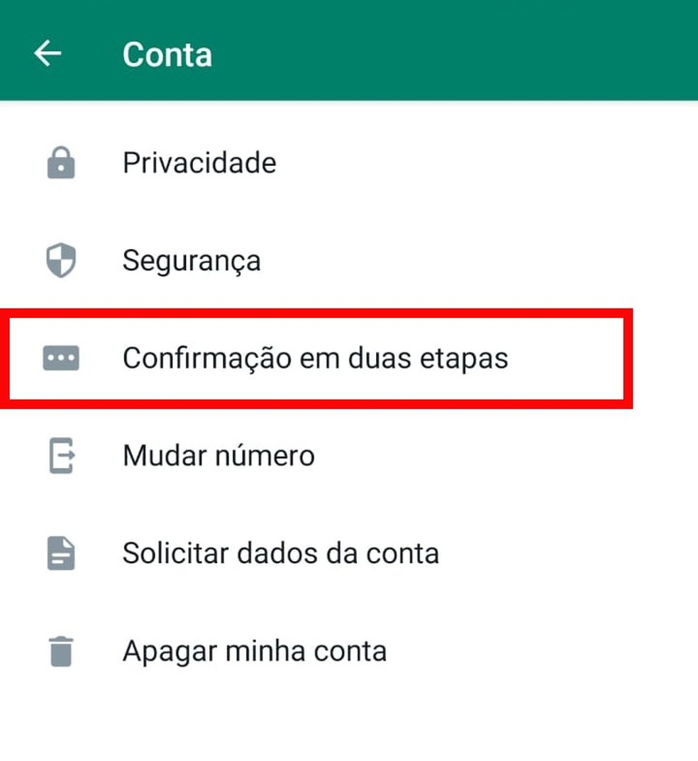 Passo 2 - Clique em confirmação em duas etapas — Foto: Reprodução/WhatsApp
