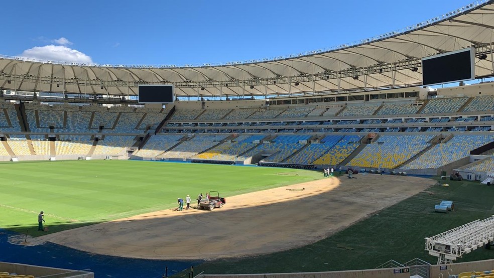 Parte do campo no lado do setor Norte teve a grama trocada em julho — Foto: Divulgação