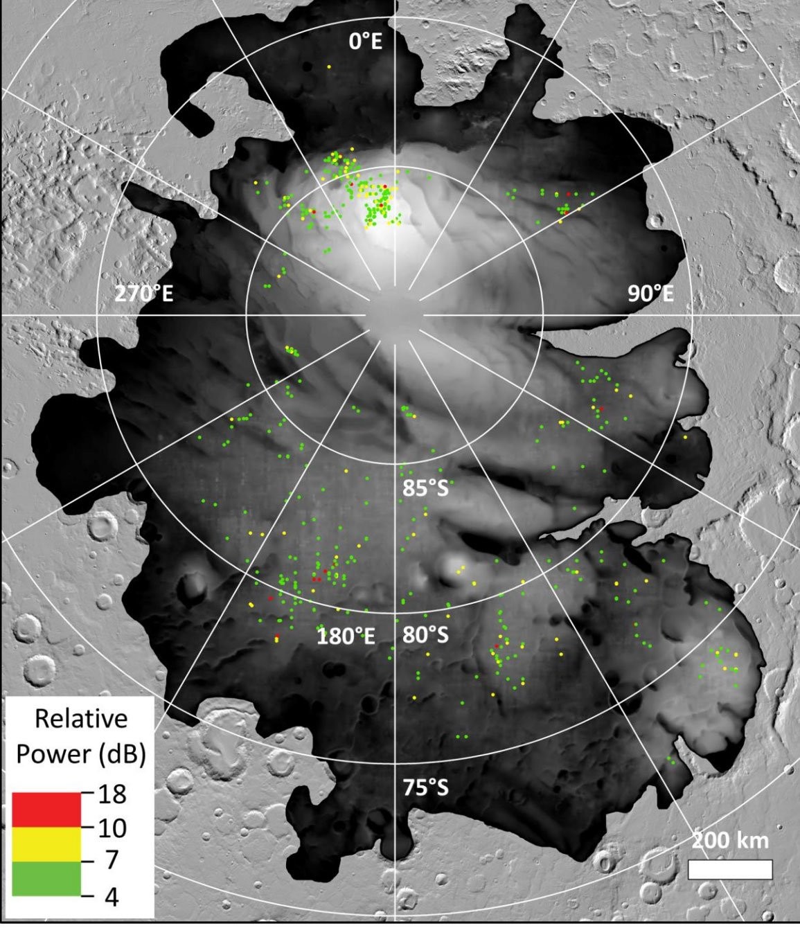 Pontos coloridos representam locais onde reflexos de radar brilhantes foram detectados na calota polar sul de Marte  (Foto: ESA / NASA / JPL-Caltech)