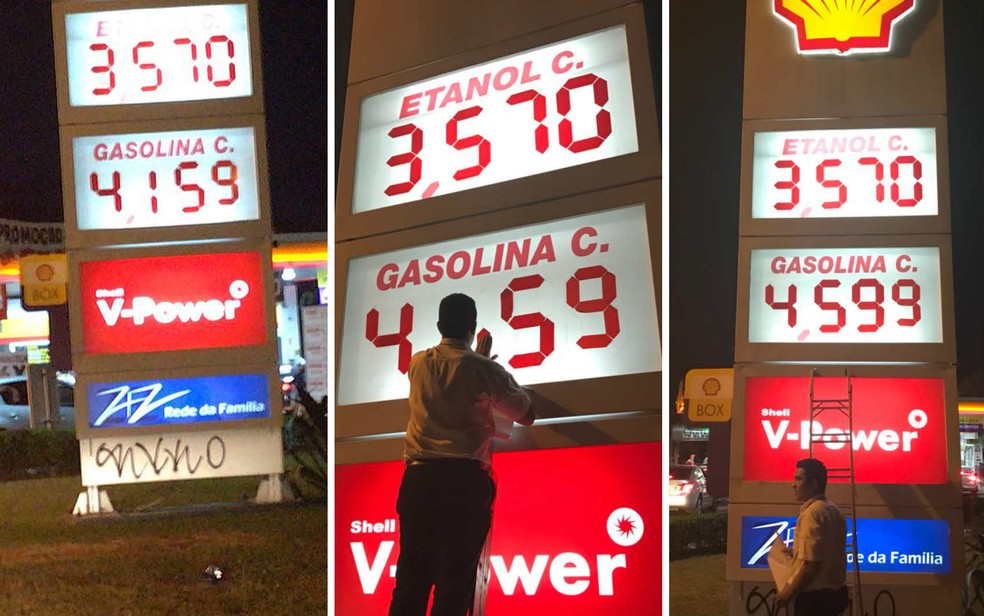 Funcionário altera placa de posto da Asa Norte; litro da gasolina passou de R$ 4,159 para R$ 4,599 (Foto: Marcelo Cardoso/G1)