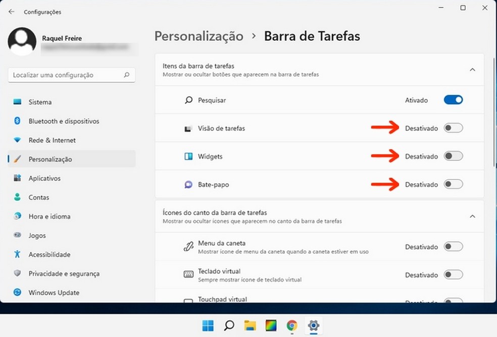 Remoção dos botões de widgets, chat e visão de tarefas da barra do Windows 11 — Foto: Reprodução/Raquel Freire