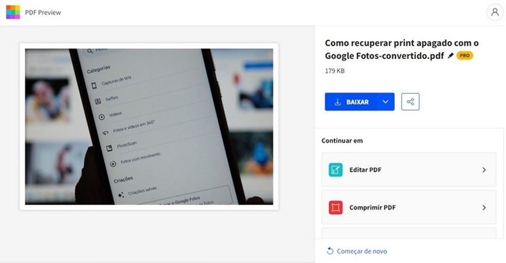 Arquivo transformado de foto para PDF online com o Smallpdf — Foto: Reprodução/Raquel Freire