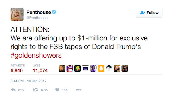 A mensagem na qual a revista promete US$ 1 milhão pelas sex tapes de Donald Trump (Foto: Twitter)