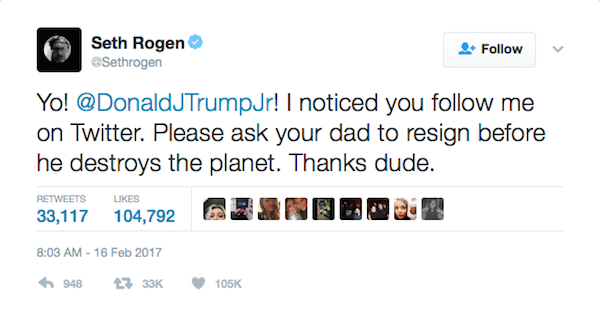 Uma das mensagens de Seth Rogen dirigidas a Donald Trump Jr. (Foto: Twitter)