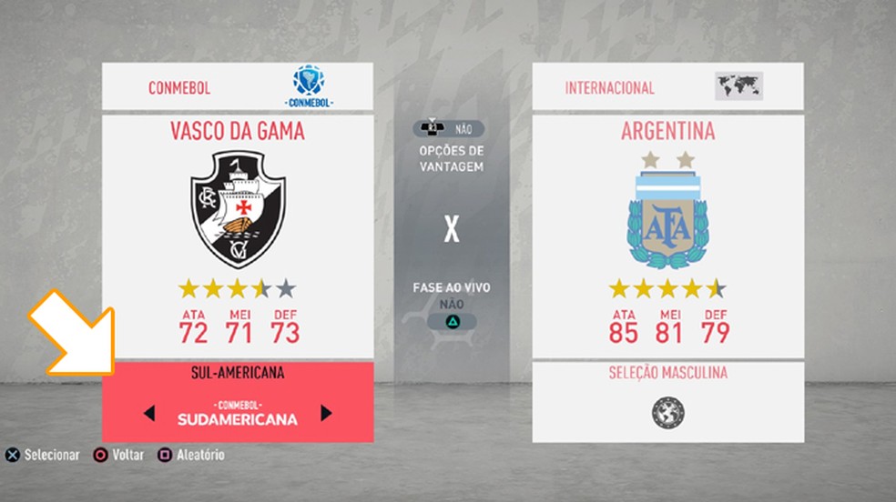 Para escolher times da Copa Sul-Americana em Fifa 20 mude a seleção abaixo do emblema dos clubes — Foto: Reprodução/Rafael Monteiro