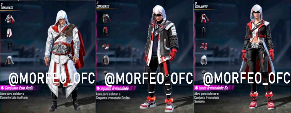 Insider Morfeo divulgou trajes com a temática de Assassin's Creed no Free Fire — Foto: Divulgação/Morfeo_OFC