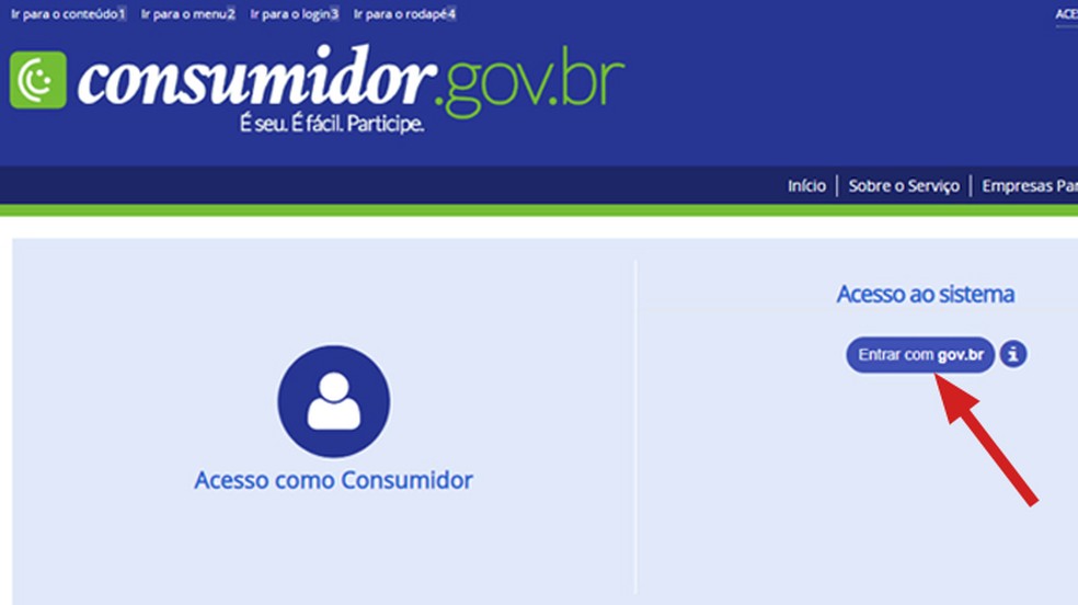 Ação para fazer login no site Consumidor.gov.br — Foto: Reprodução/Marcela Franco