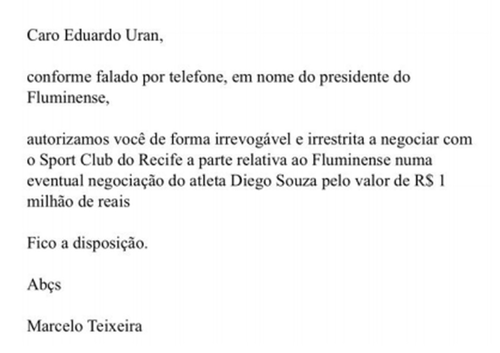 E-mail de Marcelo Teixeira a Eduardo Uram anexado no processo do Fluminense (Foto: Reprodução)