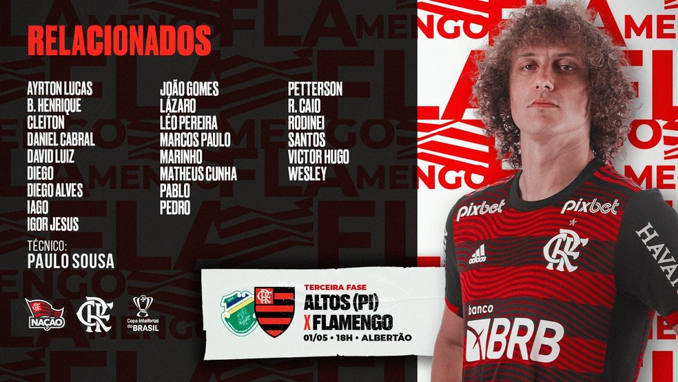 Relacionados do Flamengo para a partida contra o Altos-PI — Foto: Divulgação