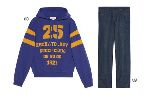 9 - Sweatshirt with '25 Gucci Eschatology and Blind for Love 1921 ' print | 10 - Eco washed organic denim pant