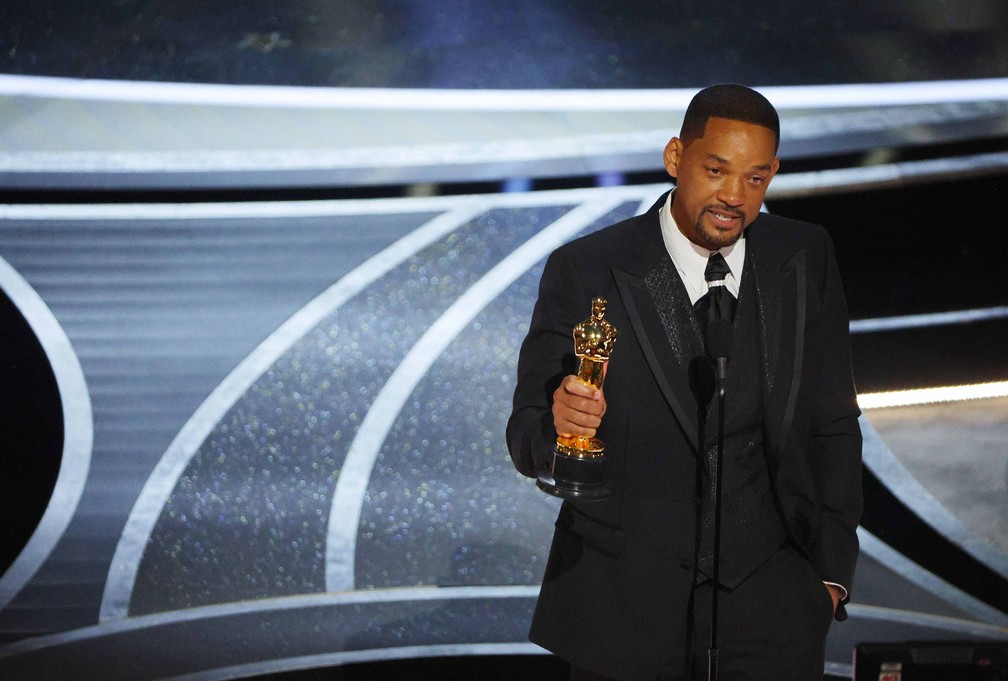 Will Smith leva Oscar na categoria melhor ator, por 'King Richard: criando campeãs' — Foto: Brian Snyder/Reuters