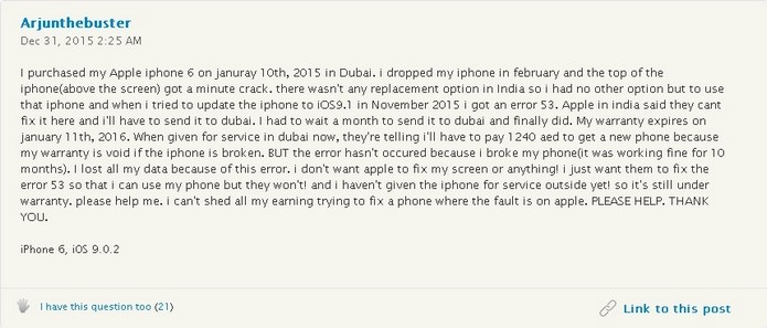 Dono de iPhone 6 relata erro 53 após instalação do iOS 9 (Foto: Reprodução/Fórum Apple)