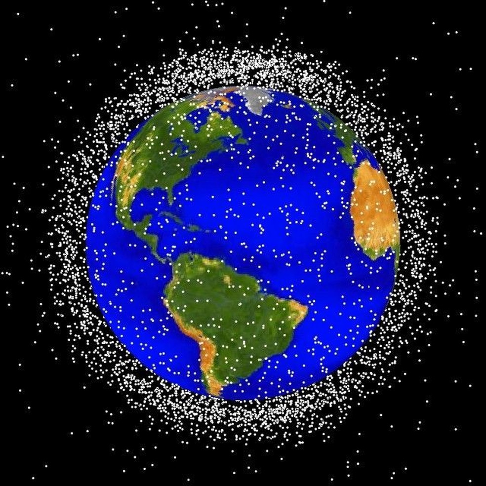 Cada ponto branco representa o lixo espacial na Ã³rbita terrestre (Foto: DivulgaÃ§Ã£o/NASA)
