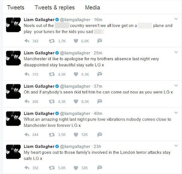 O desabafo de Liam Gallagher do Oasis reclamando da ausência do irmão, Noel Gallagher, no show em homenagem às vítimas do ataque terrorista em Manchester (Foto: Twitter)