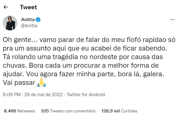 Anitta pede ajuda para Pernambuco (Foto: Twitter/Reprodução)