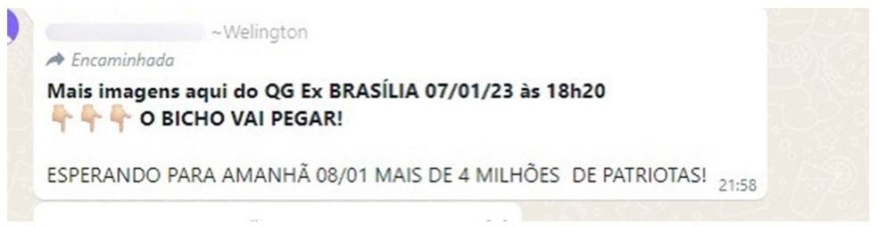 Mensagem enviada em grupo bolsonarista no WhatsApp em janeiro de 2023 &mdash; Foto: Reprodu&ccedil;&atilde;o