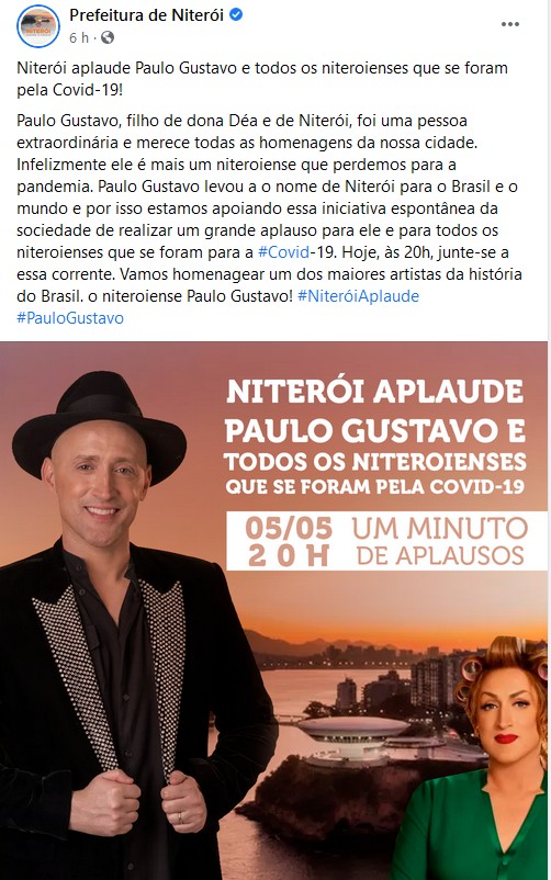 Niterói aplaude Paulo Gustavo e todos os niteroienses que se foram pela Covid-19 (Foto: Reprodução/Instagram)