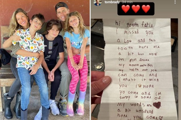 Tom Brady mostra carta da filha, Vivian, para a fada do dente (Foto: Reprodução/Instagram)