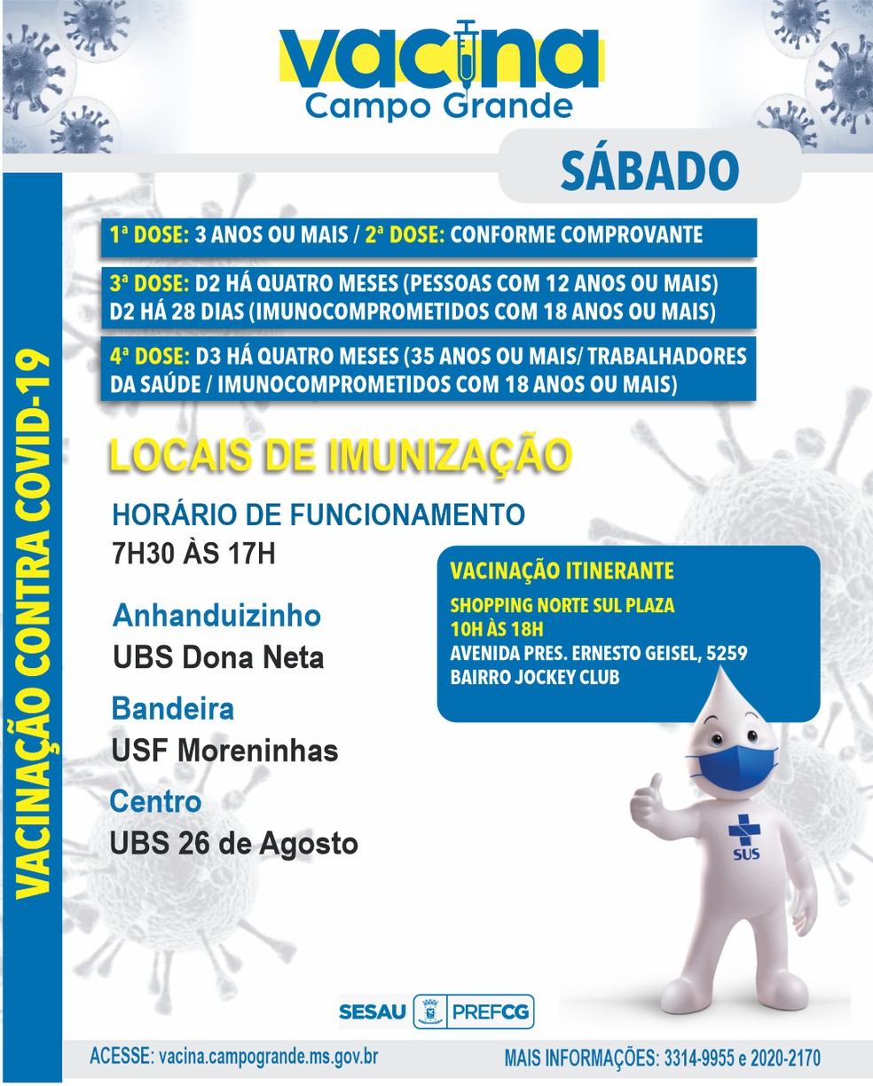 Locais de vacinação em Campo Grande neste sábado (3). — Foto: Divulgação/Sesau